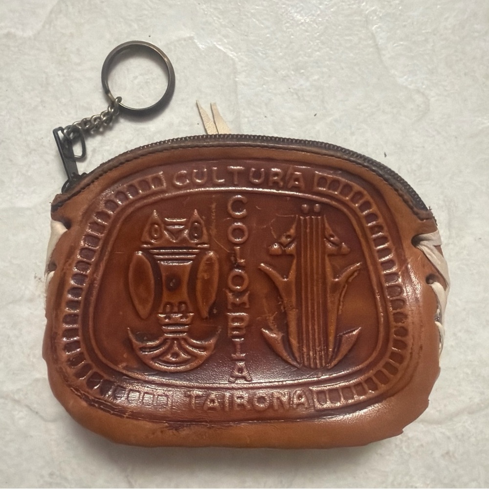 Vintage Colombia Brown Leather Souvenir Coin Purse w/ Horse Motif